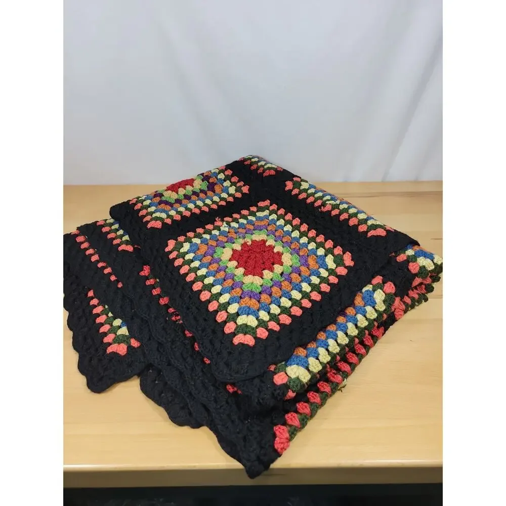 Vintage Black Granny Square Afghan Crochet Lap Blanket Throw Handmade 70x32